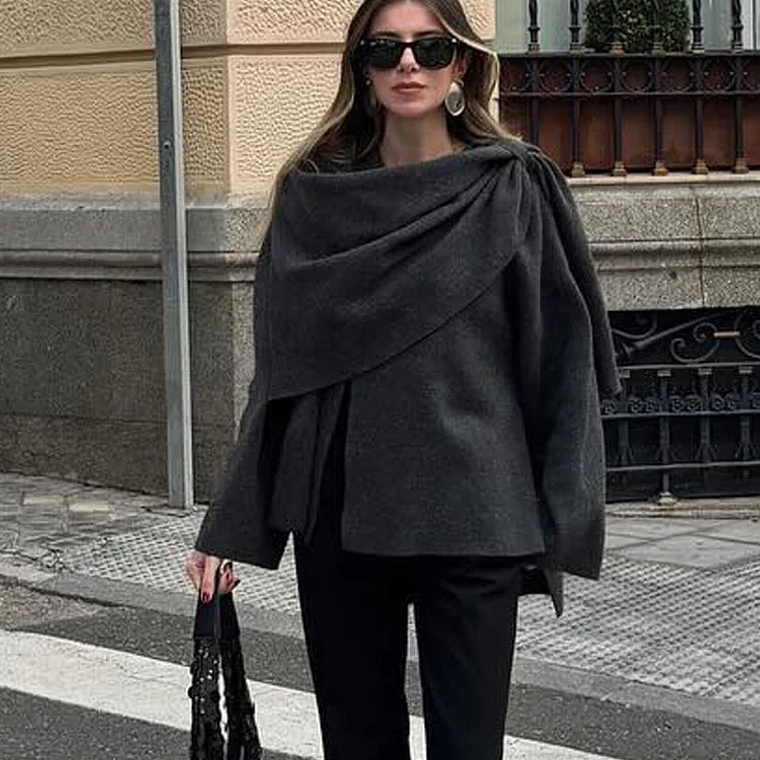 HH bufanda asimétrica de moda abrigo de punto para mujer invierno cálido manga larga un solo botón chaqueta corta de lana suelta para mujer 6