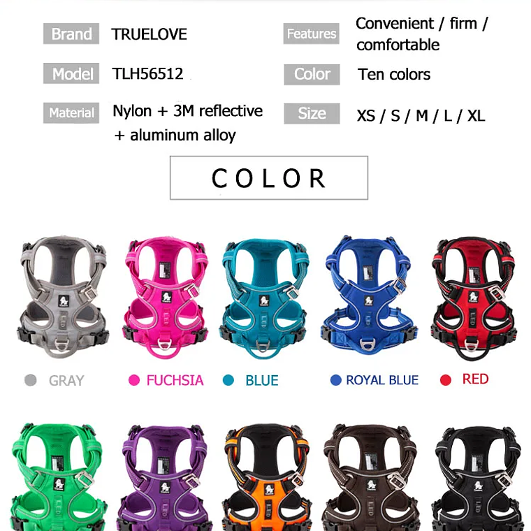 Truelove-arnés reflectante de nailon para perros, chaleco sin tirones, camiseta interior suave ajustable para perros medianos y grandes, para caminar y correr, TLH56512 16