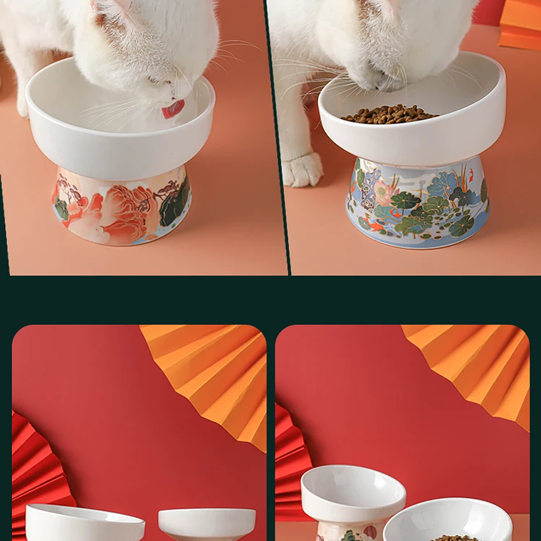 Cuenco de cerámica para gatos de estilo chino, comederos de agua para comida de mascotas, suministros para beber y comer para gatos elevados, productos de alimentación para perros pequeños 21