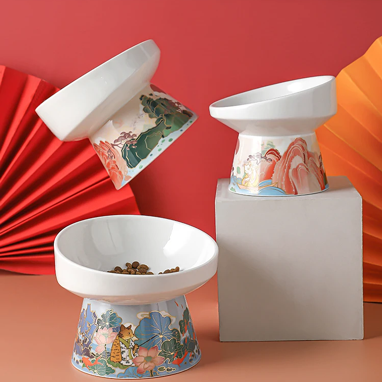 Cuenco de cerámica para gatos de estilo chino, comederos de agua para comida de mascotas, suministros para beber y comer para gatos elevados, productos de alimentación para perros pequeños 27
