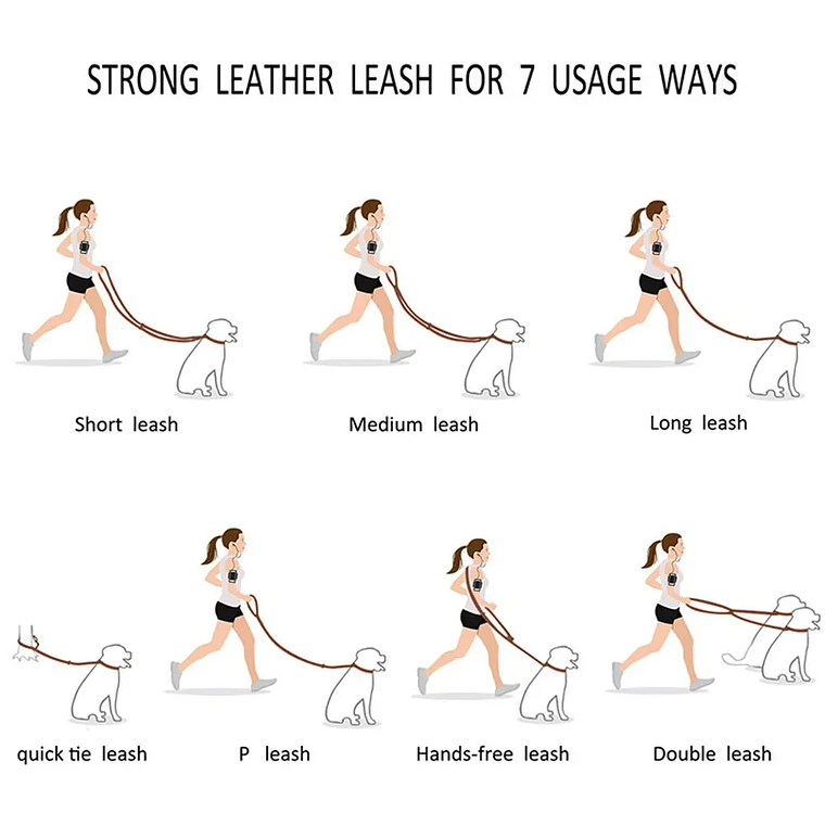 Correa de cuero Real para perro, Correa multifuncional para perro, Cable de amarre, manos libres para mascotas, caminar, correr, doble correa 5