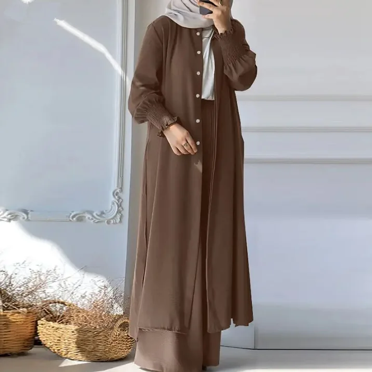 Abrigo largo musulmán de 2 piezas para mujer, traje de pantalones de pierna ancha, Ramadán, Marruecos, Dubai, Islam, conjunto informal, Kimono musulmán, trajes árabes 3