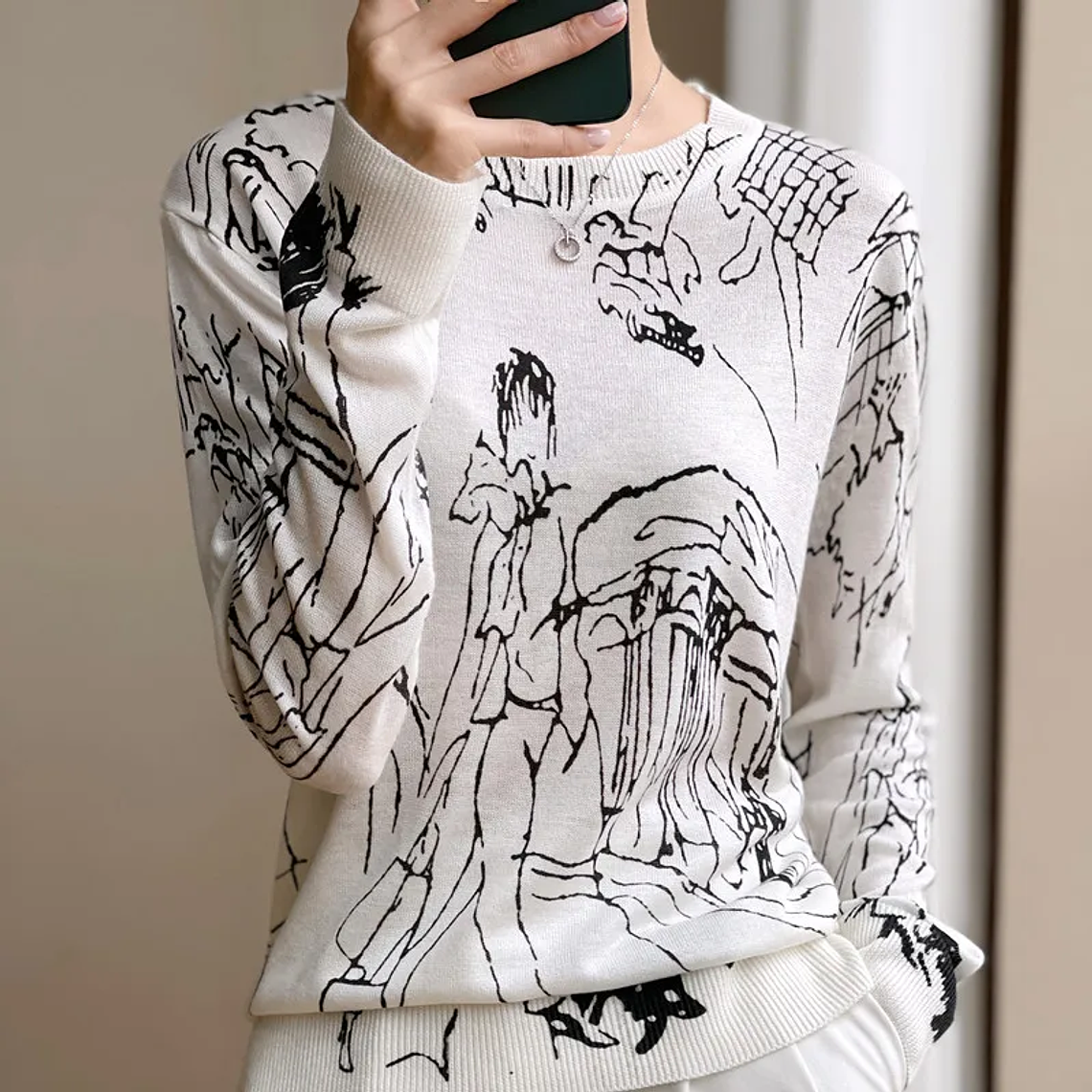 Primavera y otoño nuevo cárdigan de punto de lana mujer dibujo grafiti Jersey suelto manga larga cuello redondo suéter fino abrigo XZ TY 4