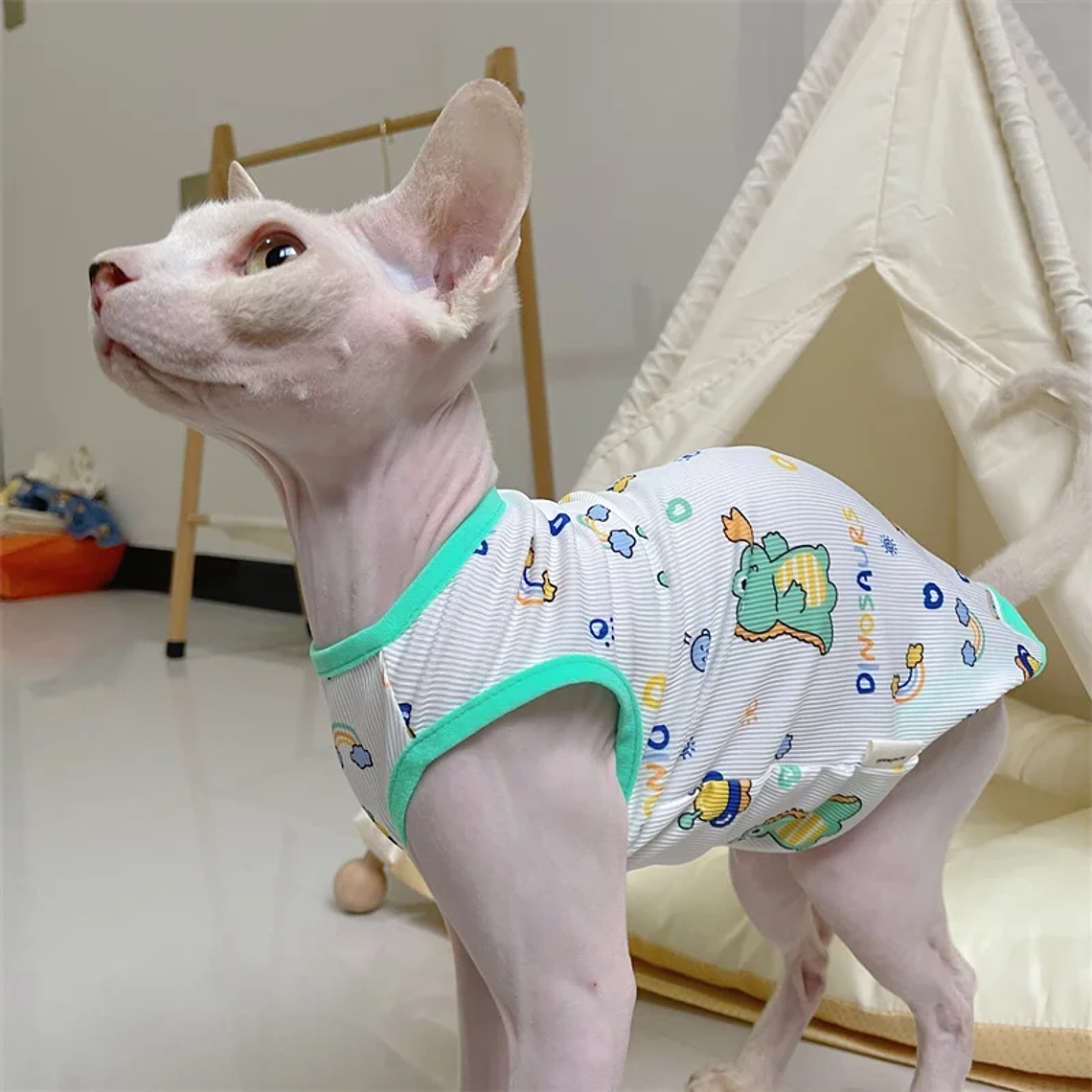 Moda Esfinge CAT cool Textile chaleco sin pelo ropa de gato Devin Rex cómodo abrigo de dibujos animados de verano y primavera ropa al aire libre artículos para mascotas 3
