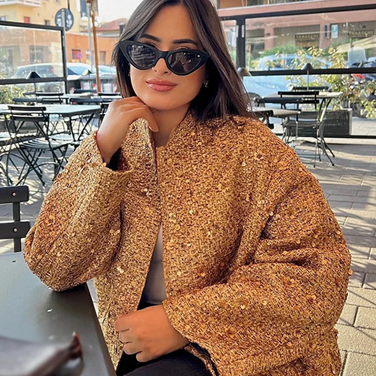 Chaqueta Bomber con lentejuelas para mujer, abrigos dorados de manga larga con cuello levantado, ropa de abrigo Vintage holgada, moda de otoño e invierno, 2023 1
