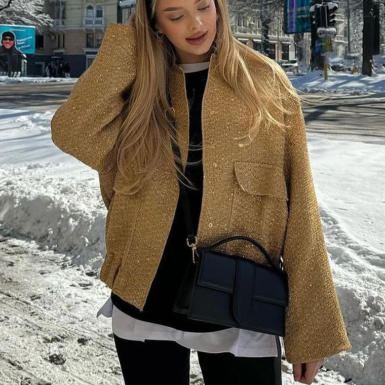 Chaqueta Bomber con lentejuelas para mujer, abrigos dorados de manga larga con cuello levantado, ropa de abrigo Vintage holgada, moda de otoño e invierno, 2023 3