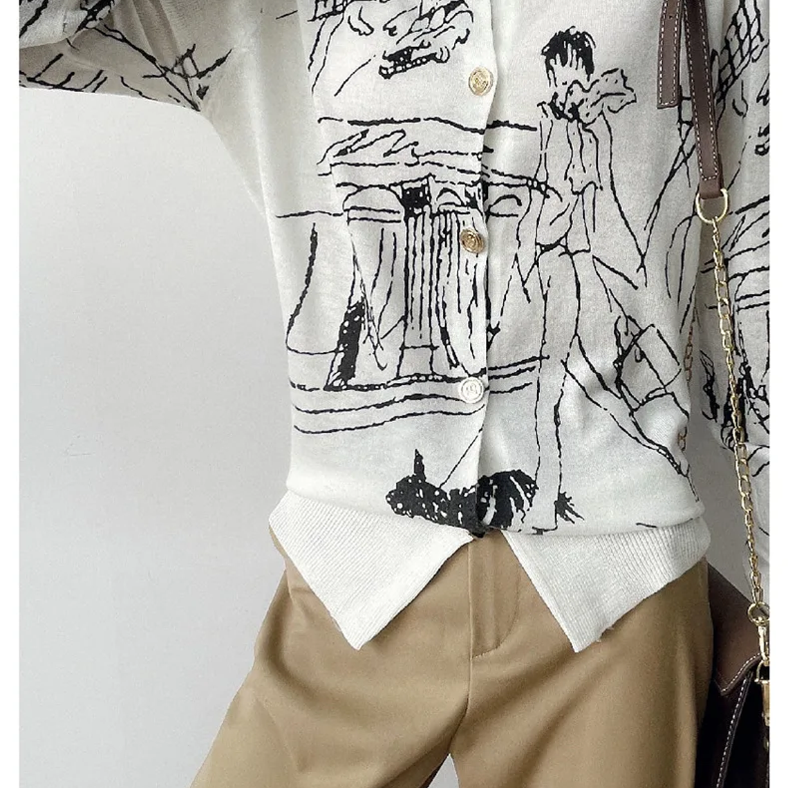 Primavera y otoño nuevo cárdigan de punto de lana mujer dibujo grafiti Jersey suelto manga larga cuello redondo suéter fino abrigo XZ TY 9