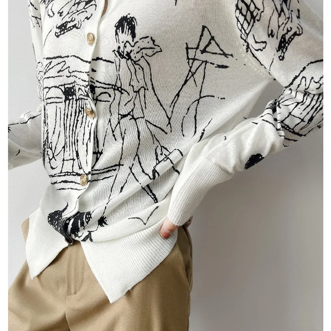Primavera y otoño nuevo cárdigan de punto de lana mujer dibujo grafiti Jersey suelto manga larga cuello redondo suéter fino abrigo XZ TY 10
