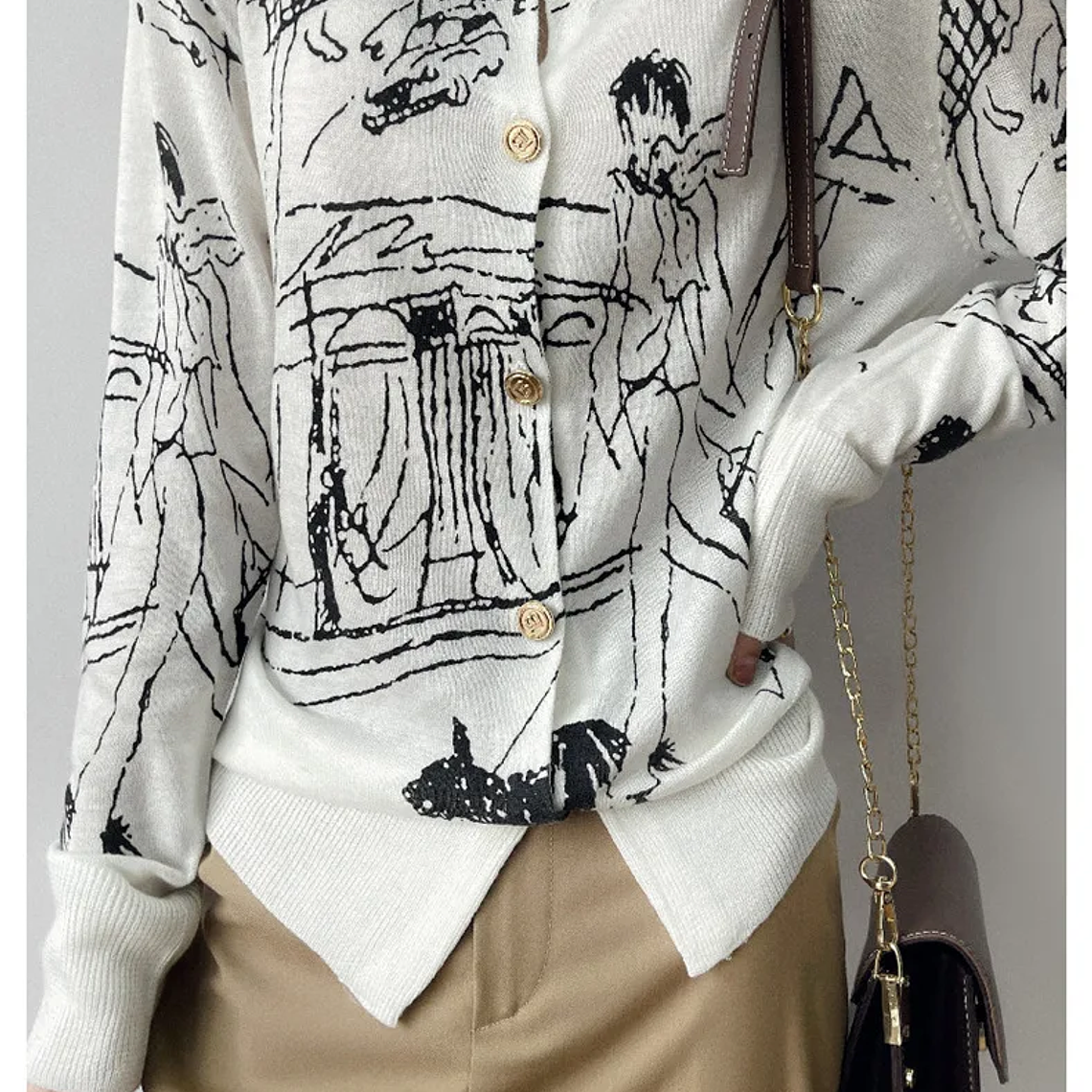 Primavera y otoño nuevo cárdigan de punto de lana mujer dibujo grafiti Jersey suelto manga larga cuello redondo suéter fino abrigo XZ TY 12