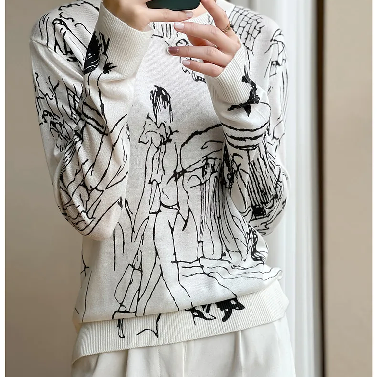 Primavera y otoño nuevo cárdigan de punto de lana mujer dibujo grafiti Jersey suelto manga larga cuello redondo suéter fino abrigo XZ TY 16
