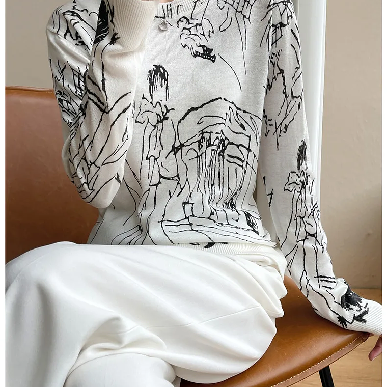 Primavera y otoño nuevo cárdigan de punto de lana mujer dibujo grafiti Jersey suelto manga larga cuello redondo suéter fino abrigo XZ TY 17