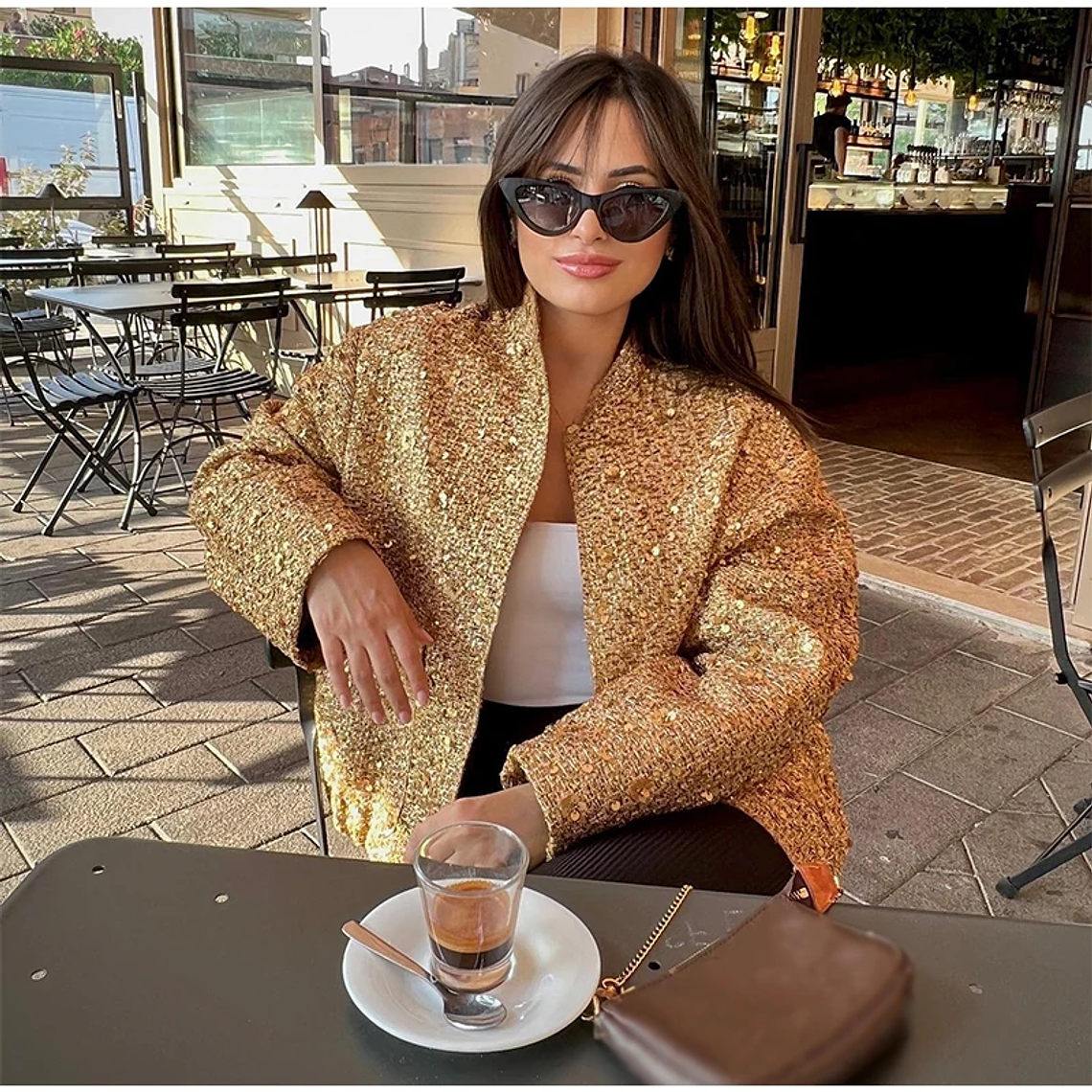 Chaqueta Bomber con lentejuelas para mujer, abrigos dorados de manga larga con cuello levantado, ropa de abrigo Vintage holgada, moda de otoño e invierno, 2023 20