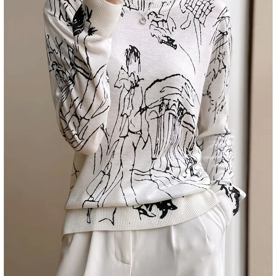 Primavera y otoño nuevo cárdigan de punto de lana mujer dibujo grafiti Jersey suelto manga larga cuello redondo suéter fino abrigo XZ TY 18