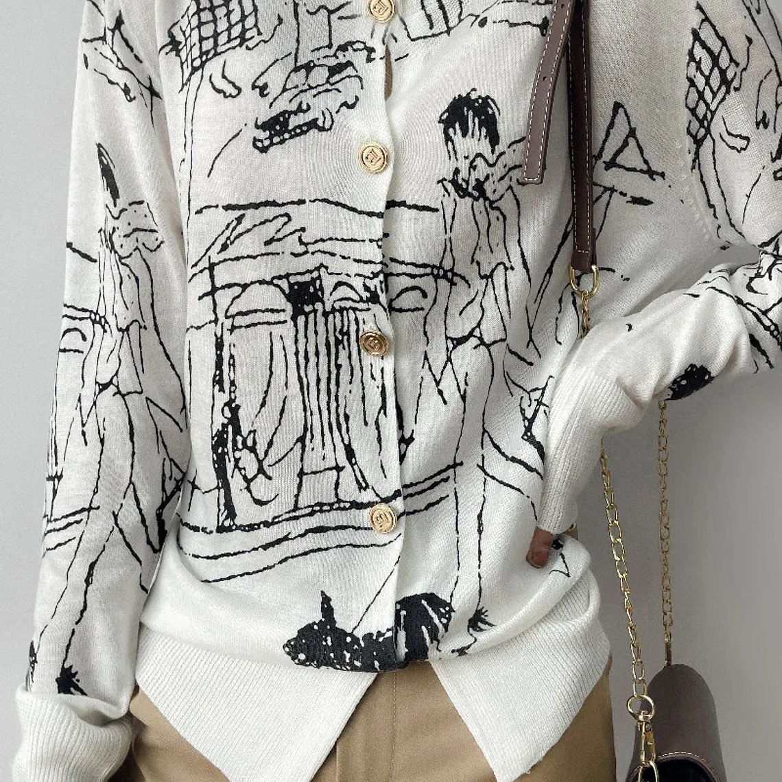 Primavera y otoño nuevo cárdigan de punto de lana mujer dibujo grafiti Jersey suelto manga larga cuello redondo suéter fino abrigo XZ TY 20