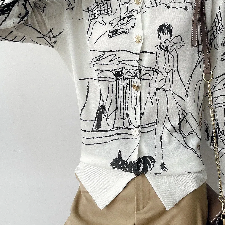 Primavera y otoño nuevo cárdigan de punto de lana mujer dibujo grafiti Jersey suelto manga larga cuello redondo suéter fino abrigo XZ TY 21