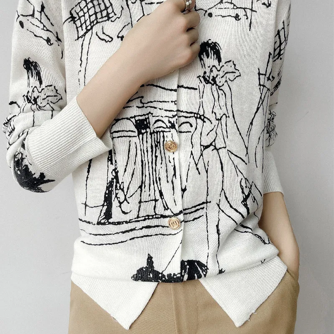 Primavera y otoño nuevo cárdigan de punto de lana mujer dibujo grafiti Jersey suelto manga larga cuello redondo suéter fino abrigo XZ TY 24