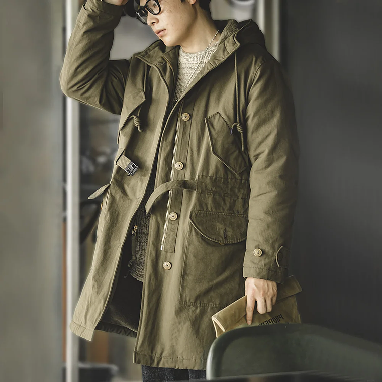 Maden Abrigo masculino pesado M47 Largo medio abrigo con capucha gruesa Puños ajustables Muchos bolsillos Abrigo acolchado con forro polar para el invierno 1
