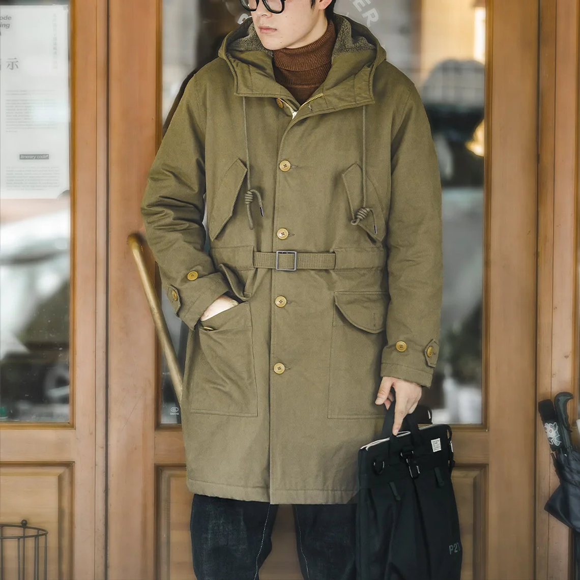 Maden Abrigo masculino pesado M47 Largo medio abrigo con capucha gruesa Puños ajustables Muchos bolsillos Abrigo acolchado con forro polar para el invierno 2