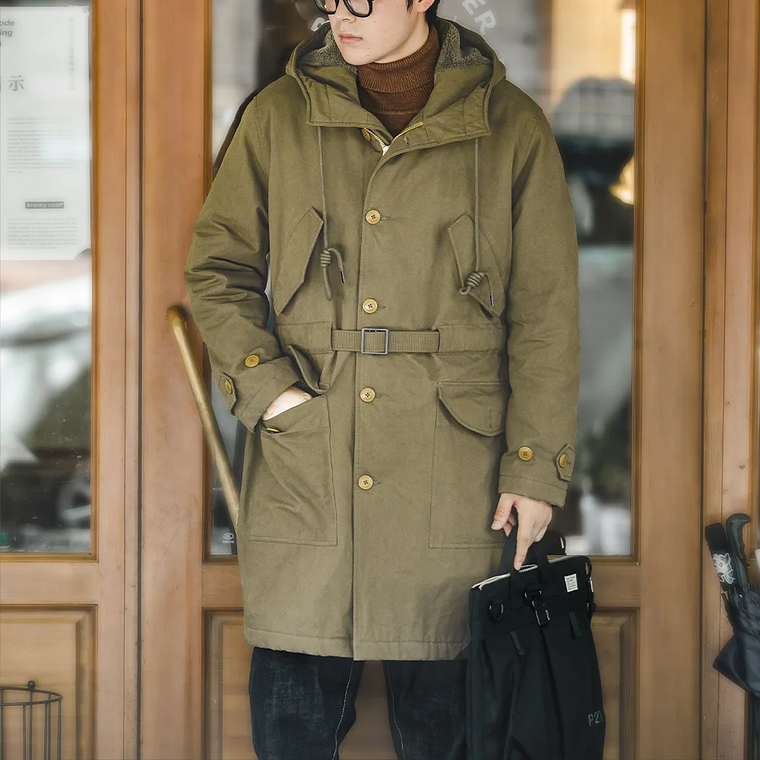 Maden Abrigo masculino pesado M47 Largo medio abrigo con capucha gruesa Puños ajustables Muchos bolsillos Abrigo acolchado con forro polar para el invierno 2