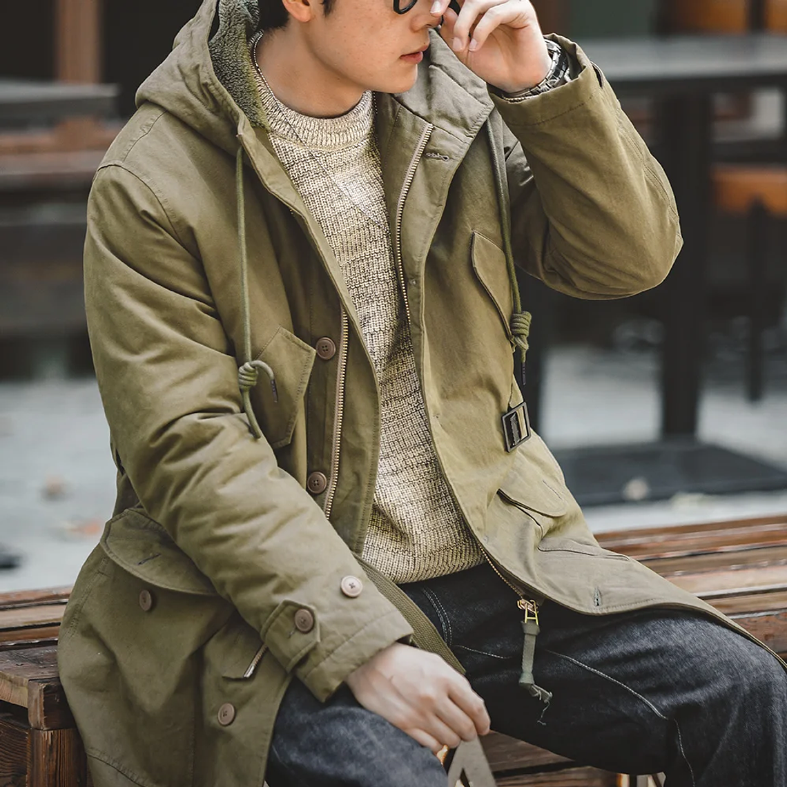 Maden Abrigo masculino pesado M47 Largo medio abrigo con capucha gruesa Puños ajustables Muchos bolsillos Abrigo acolchado con forro polar para el invierno 3