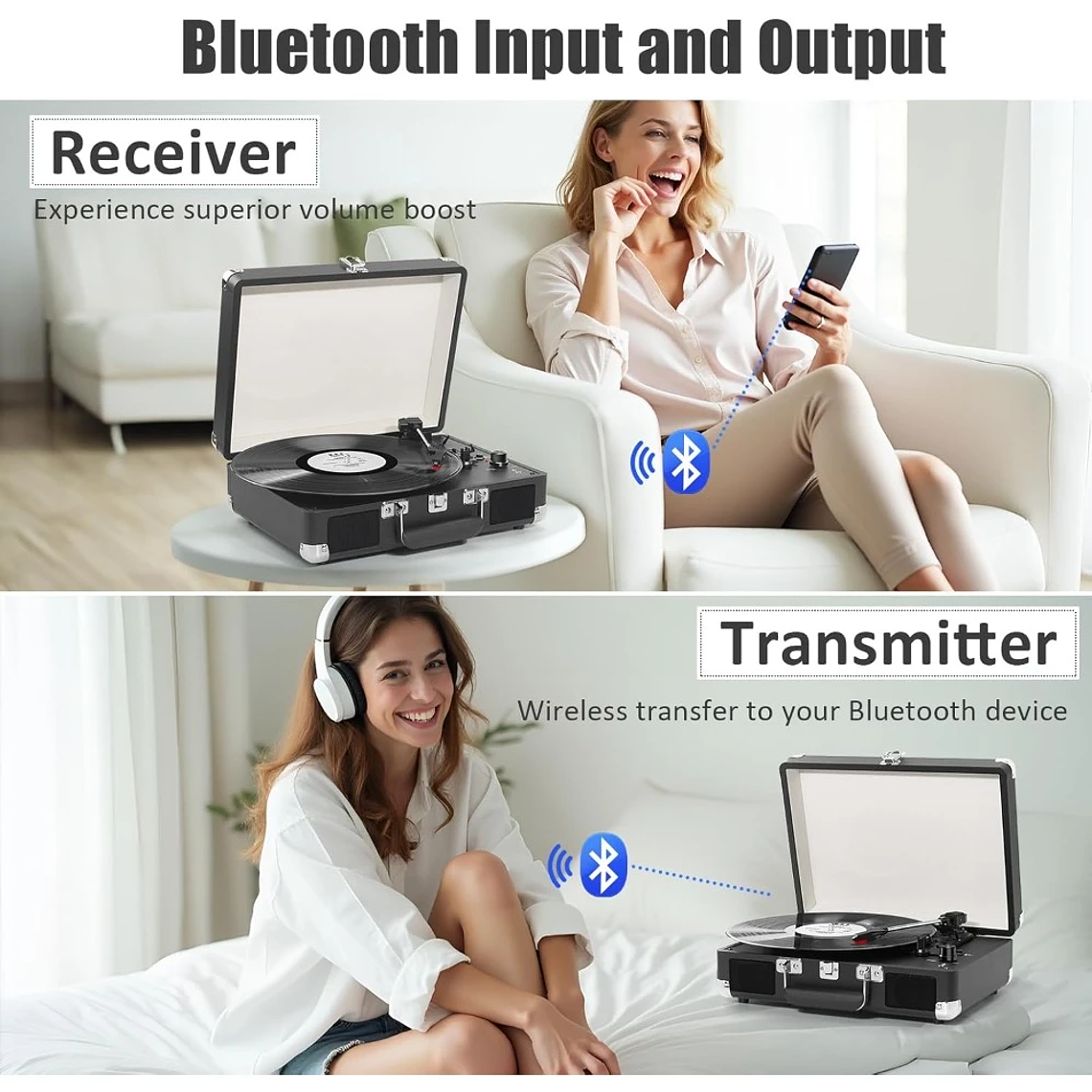 Reproductor LP de maleta portátil, transmisión por correa de 3 velocidades, reproductor de discos de vinilo Bluetooth con altavoces y grabación, conector RCA/AUX/HP 2