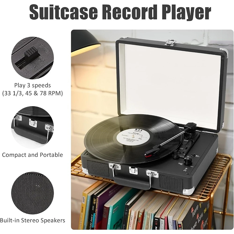 Reproductor LP de maleta portátil, transmisión por correa de 3 velocidades, reproductor de discos de vinilo Bluetooth con altavoces y grabación, conector RCA/AUX/HP 3