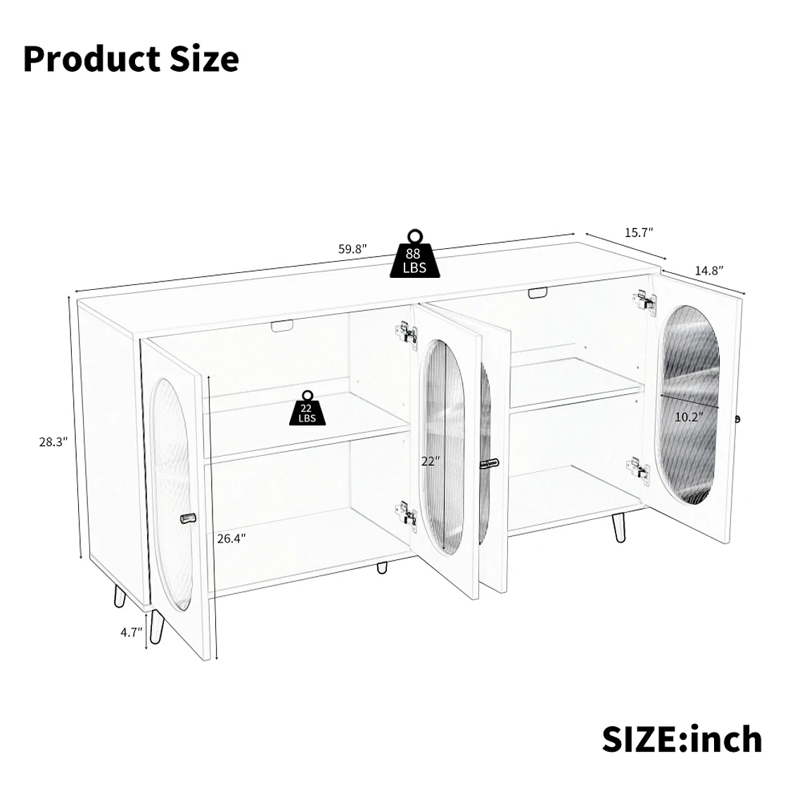 Gabinete de almacenamiento para Buffet, gabinete de almacenamiento de 60 pulgadas, 4 puertas acrílicas, gabinete decorativo, aparador para pasillo, entrada, sala de estar, blanco 4