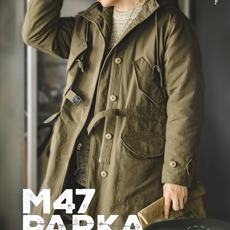 Maden Abrigo masculino pesado M47 Largo medio abrigo con capucha gruesa Puños ajustables Muchos bolsillos Abrigo acolchado con forro polar para el invierno 11