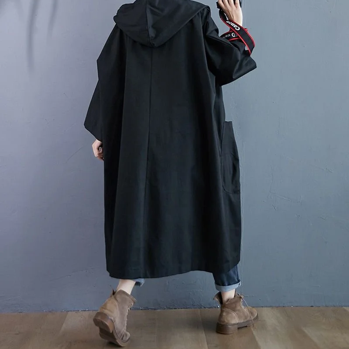 Gabardina de gran tamaño para primavera y otoño para mujer, cortavientos holgado y versátil con capucha, abrigo largo para mujer, chaqueta con bolsillo B 15