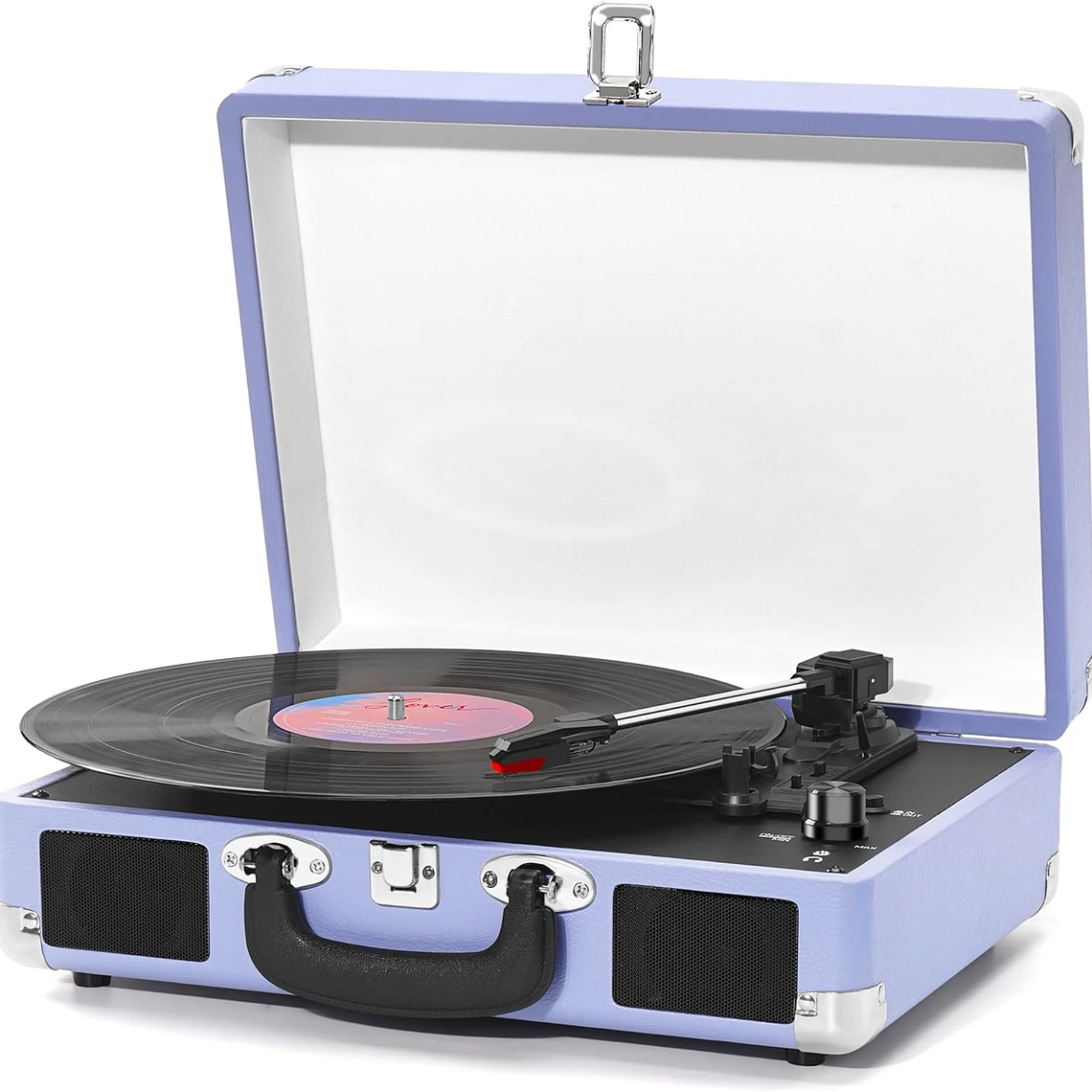 Reproductor LP de maleta portátil, transmisión por correa de 3 velocidades, reproductor de discos de vinilo Bluetooth con altavoces y grabación, conector RCA/AUX/HP 7