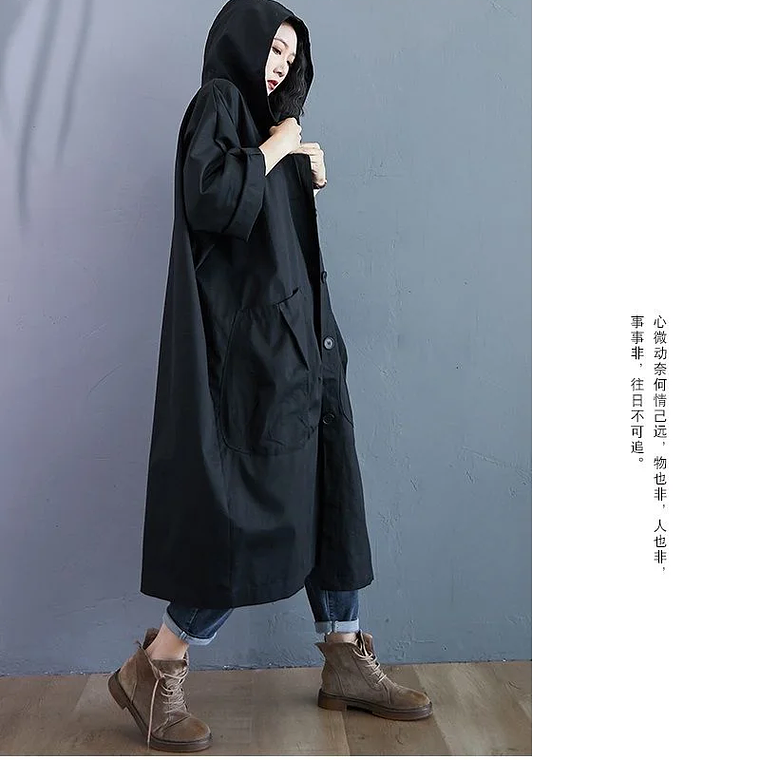 Gabardina de gran tamaño para primavera y otoño para mujer, cortavientos holgado y versátil con capucha, abrigo largo para mujer, chaqueta con bolsillo B 18