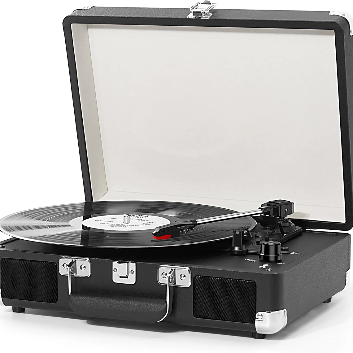 Reproductor LP de maleta portátil, transmisión por correa de 3 velocidades, reproductor de discos de vinilo Bluetooth con altavoces y grabación, conector RCA/AUX/HP 9