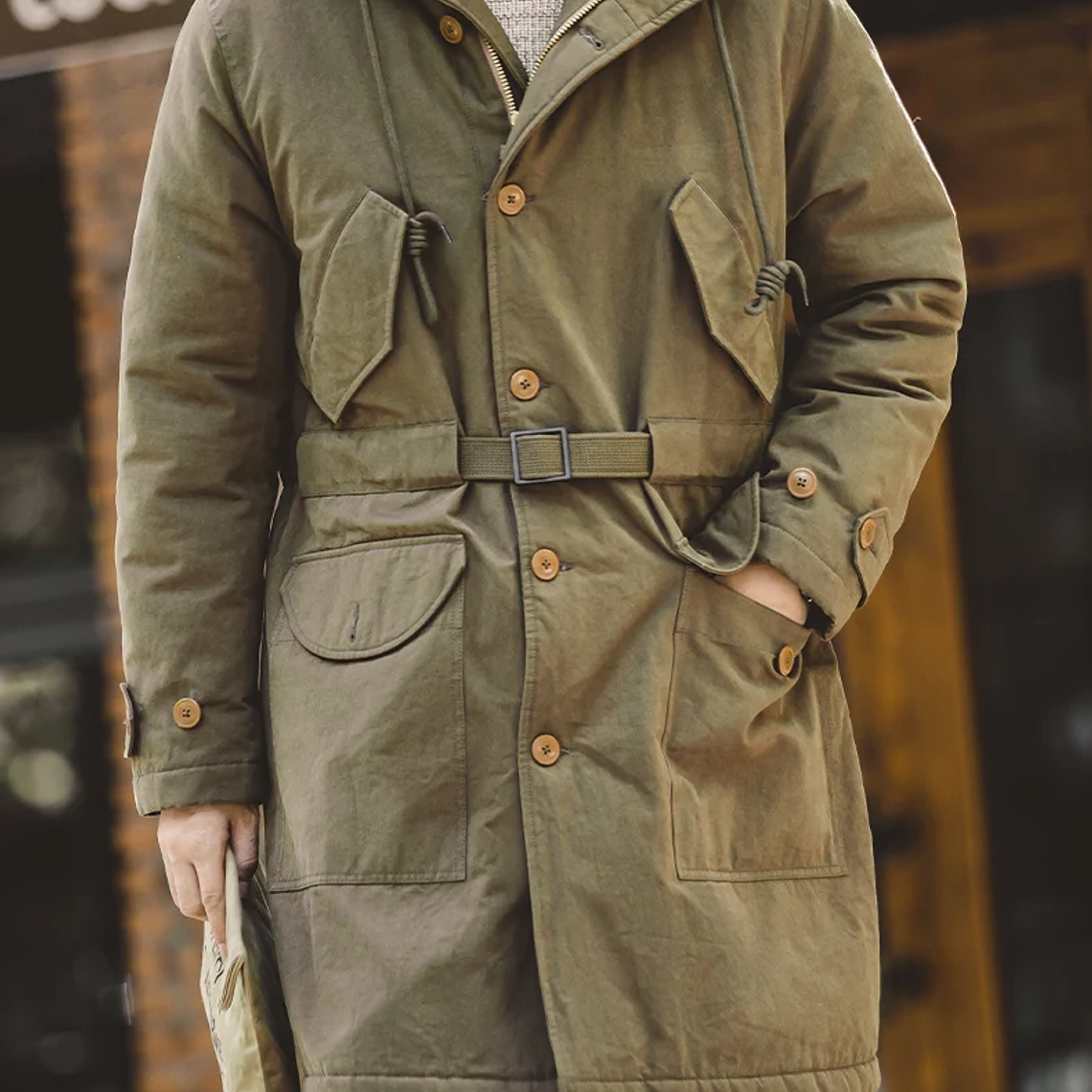 Maden Abrigo masculino pesado M47 Largo medio abrigo con capucha gruesa Puños ajustables Muchos bolsillos Abrigo acolchado con forro polar para el invierno 15