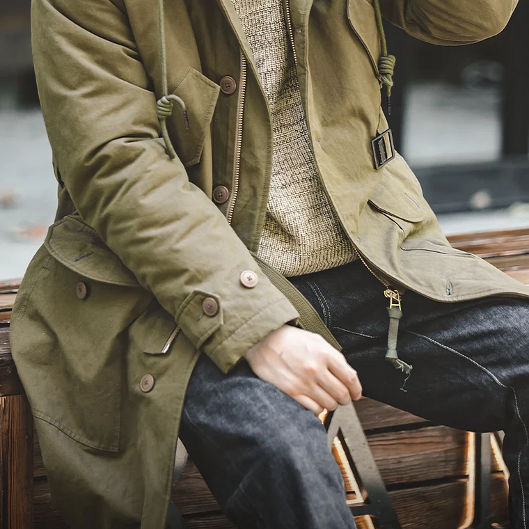 Maden Abrigo masculino pesado M47 Largo medio abrigo con capucha gruesa Puños ajustables Muchos bolsillos Abrigo acolchado con forro polar para el invierno 16