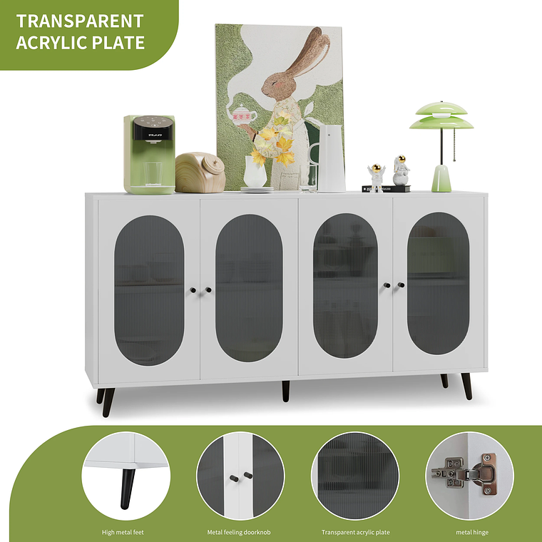 Gabinete de almacenamiento para Buffet, gabinete de almacenamiento de 60 pulgadas, 4 puertas acrílicas, gabinete decorativo, aparador para pasillo, entrada, sala de estar, blanco 10