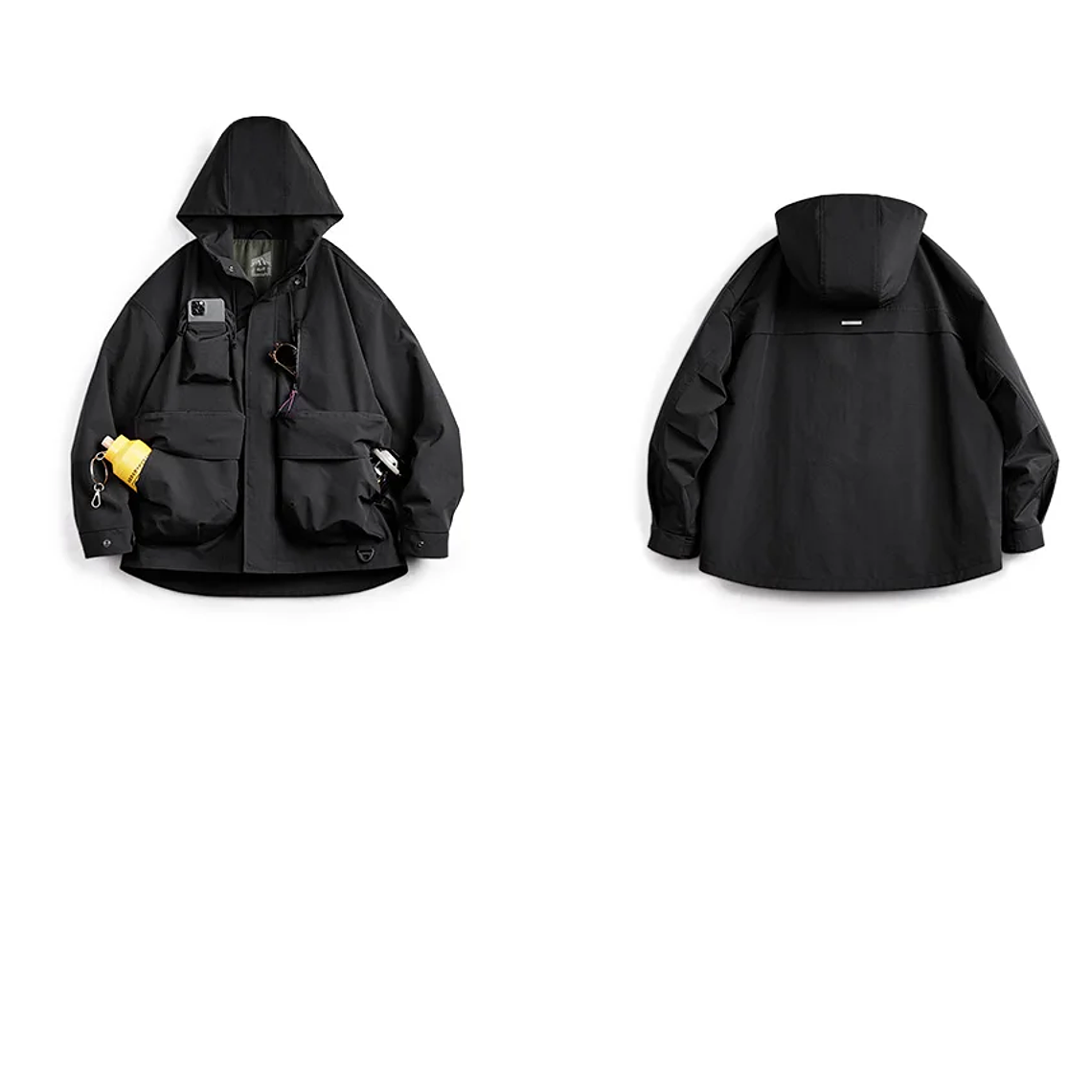 Maden Chaqueta con capucha funcional informal con múltiples bolsillos Abrigo deportivo al aire libre suelto negro para chaqueta versátil de primavera y otoño para hombres 15