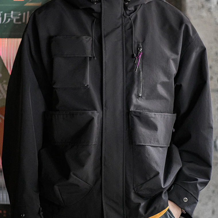 Maden Chaqueta con capucha funcional informal con múltiples bolsillos Abrigo deportivo al aire libre suelto negro para chaqueta versátil de primavera y otoño para hombres 21