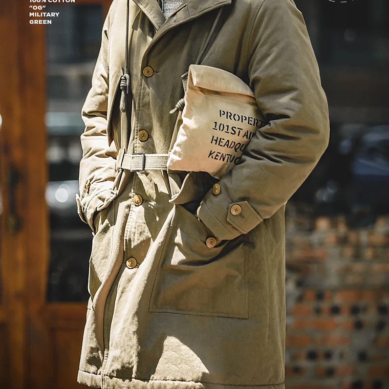 Maden Abrigo masculino pesado M47 Largo medio abrigo con capucha gruesa Puños ajustables Muchos bolsillos Abrigo acolchado con forro polar para el invierno 22