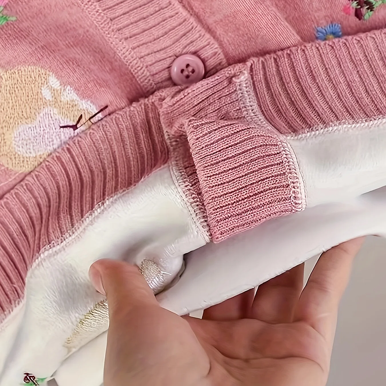 Cárdigan para niños niña conejo bordado hoja de loto cuello redondo niñas suéter Top de punto 4