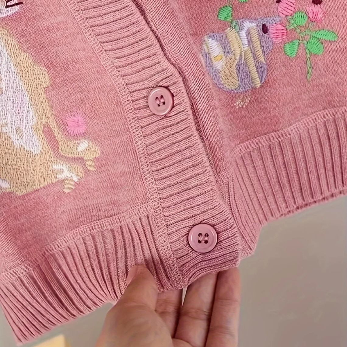 Cárdigan para niños niña conejo bordado hoja de loto cuello redondo niñas suéter Top de punto 5