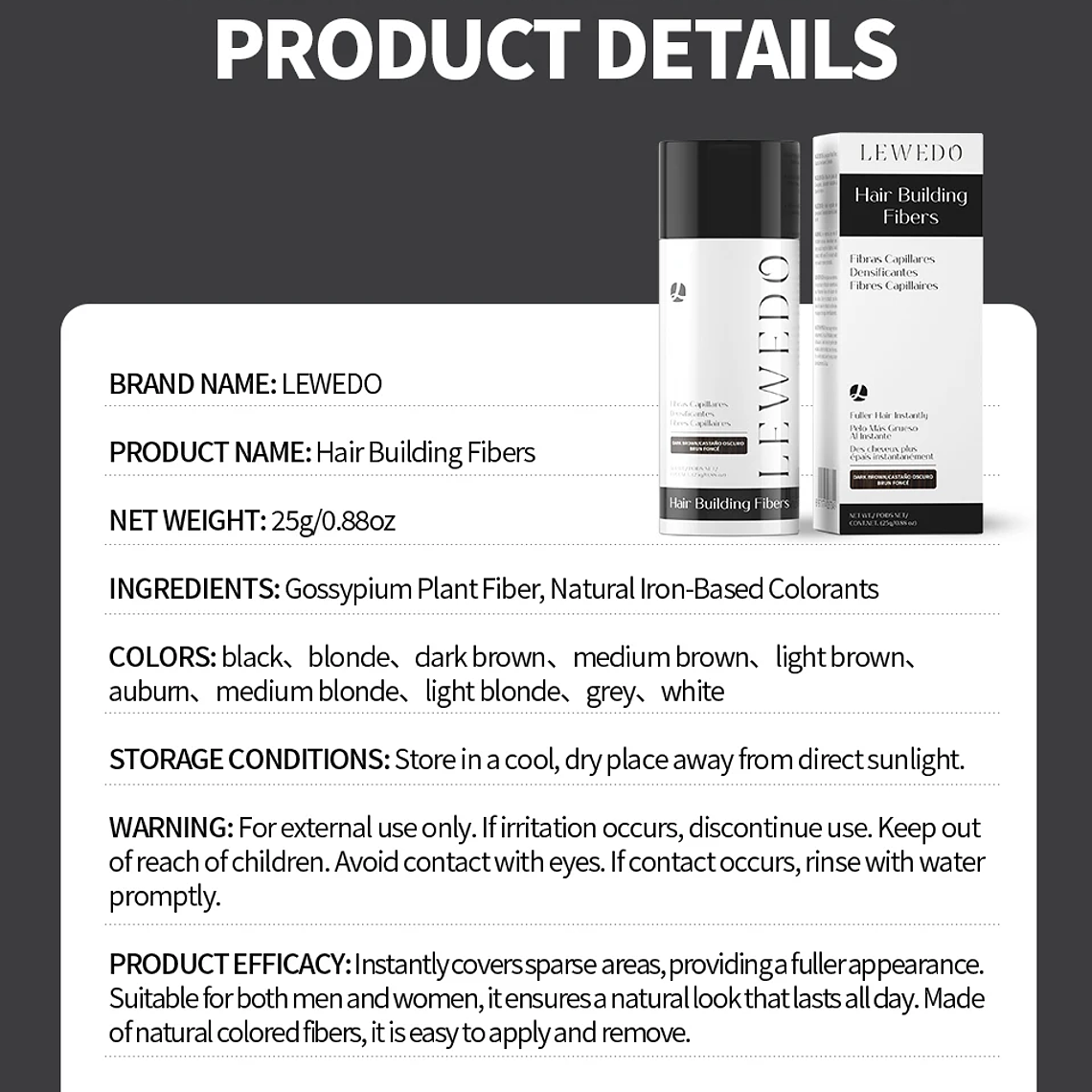 LEWEDO-polvo de fibra para el cabello, 25g, queratina, fibra para construcción del cabello, polvo para el crecimiento del cabello, polvo para peinar el cabello, producto para el crecimiento del cabel 20
