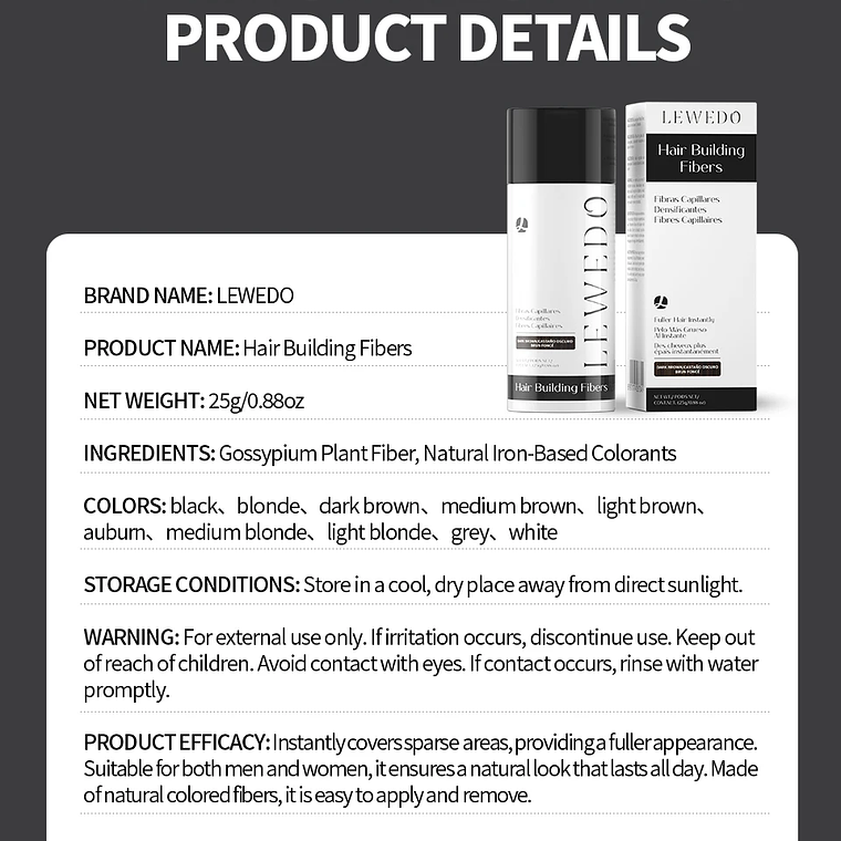 LEWEDO-polvo de fibra para el cabello, 25g, queratina, fibra para construcción del cabello, polvo para el crecimiento del cabello, polvo para peinar el cabello, producto para el crecimiento del cabel 20