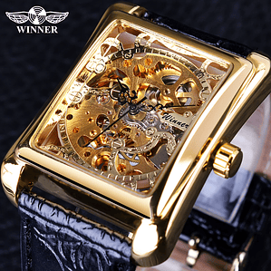 Winner Retro Mechanical Watches With Leather Band Hollow Out Luxury Watch for Men Waterproof Rectangle Automatic Movement Clock