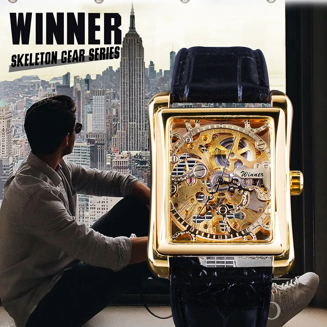 Winner Retro Mechanical Watches With Leather Band Hollow Out Luxury Watch for Men Waterproof Rectangle Automatic Movement Clock 5