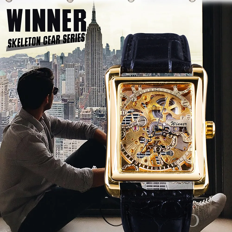 Winner Retro Mechanical Watches With Leather Band Hollow Out Luxury Watch for Men Waterproof Rectangle Automatic Movement Clock 5