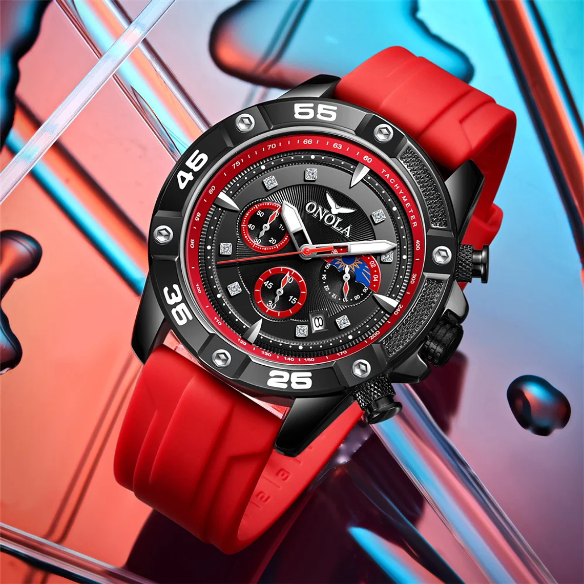 ONOLA 6850 New Top Brand Luxury Fashion Men's Quartz Watch Glass Pointer Hands Alloy Case Rubber Strap 3BAR Water Resistant 4