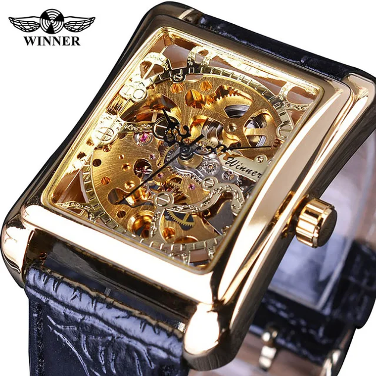 Winner Retro Mechanical Watches With Leather Band Hollow Out Luxury Watch for Men Waterproof Rectangle Automatic Movement Clock 7