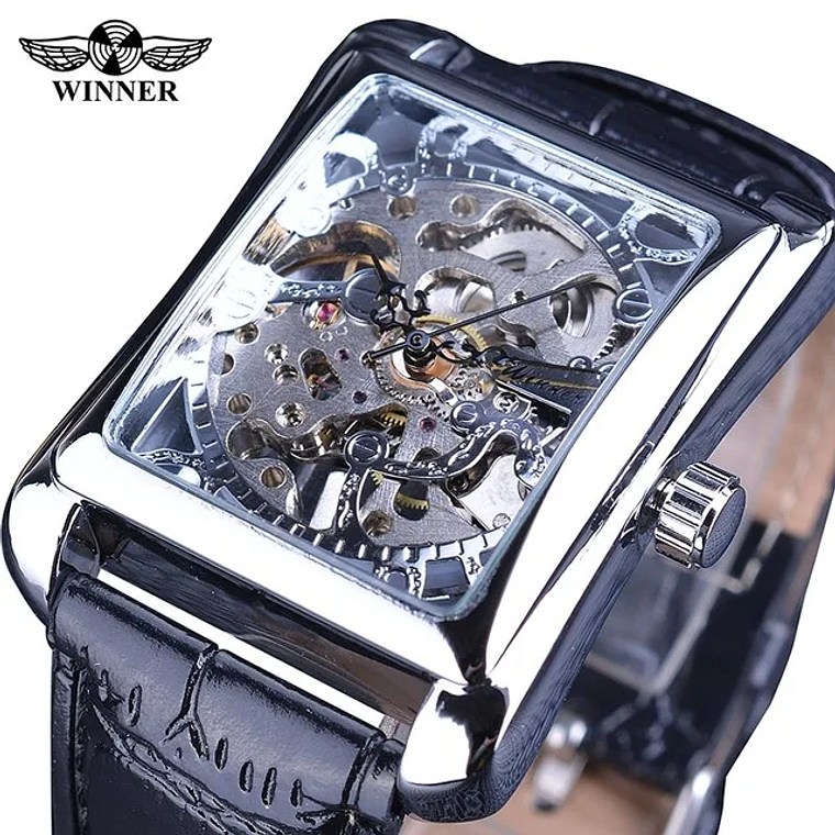 Winner Retro Mechanical Watches With Leather Band Hollow Out Luxury Watch for Men Waterproof Rectangle Automatic Movement Clock 8
