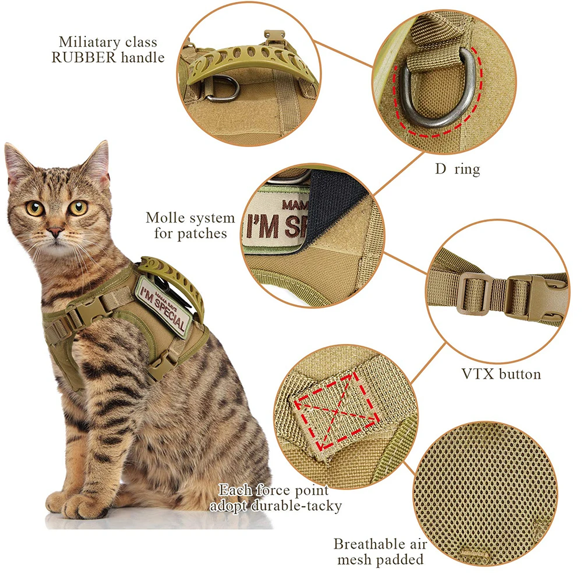 Arnés táctico para gatos con 9 parches, correas para chaleco para cachorros y perros pequeños con asa, arneses de entrenamiento, accesorios ajustables para mascotas 3