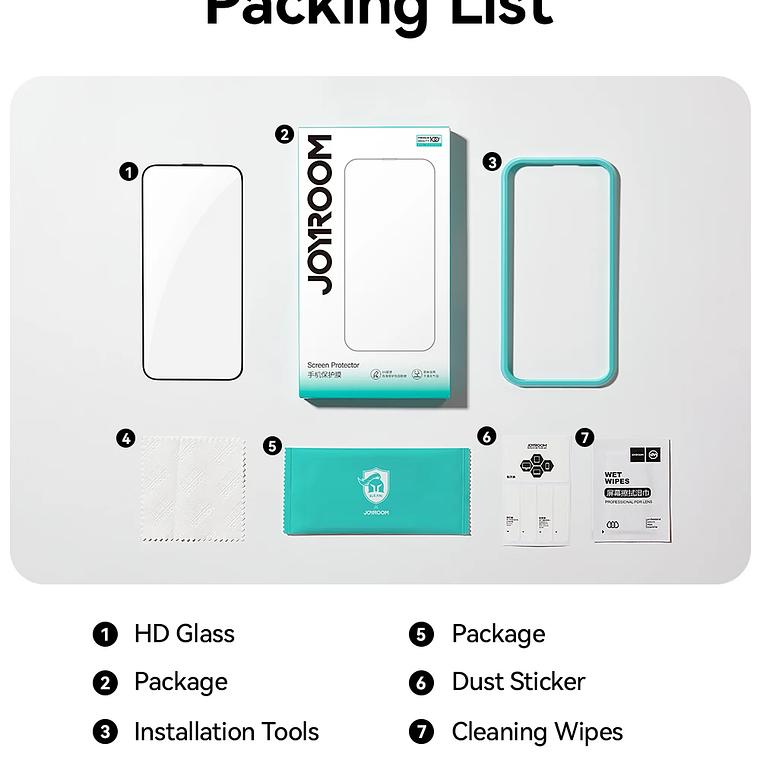 Joyroom 1/2/3 Uds Protector de pantalla de vidrio HD para iPhone 16 15 14 13 12 11 Pro Max protección de vidrio templado de pantalla completa para iPhone 7